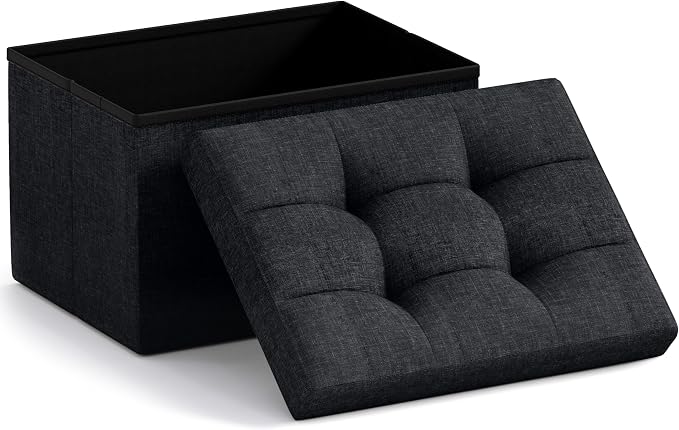 Ornavo Home Small Rectangle Storage Ottoman, Linen, 12x16x12, Black | Collapsible Cube Design; Foot Rest Stool Seat; Ideal for Living Room, Bedroom, Home Office or Dorm