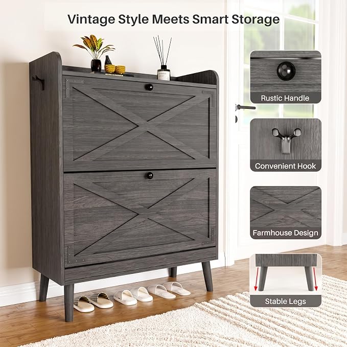 YZ HOME Shoe Storage Cabinet with 2 Flip Drawers | Entryway Shoe Cabinet, Metal Hooks & Adjustable Shelves, Freestanding Narrow Shoe Rack for Hallway Foyer, Grey