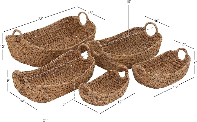 Deco 79 Seagrass Handmade Decorative and Functional Storage Basket Basket Organizer with Metal Handles, Set of 5 Basket for Storage 23", 21", 19", 16", 12"W, Brown