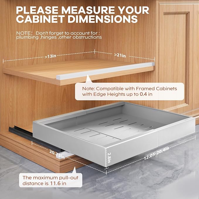 Seinloes 2Pack Expandable Pull Out Cabinet Organizer 21"Deep With Raising Pad for Framed Cabinets, Upgrade 3 Slide Rails Slide Out Drawers,Roll Out Shelves Adhesive,Adjustable Width 12.05"-20.4"Silver