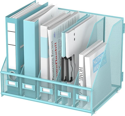 SUPEASY Desk Organizers Metal Desk Magazine File Holder with 5 Vertical Compartments Rack File Organizer for Office Desktop, Classroom, Home Workspace, Blue Plus