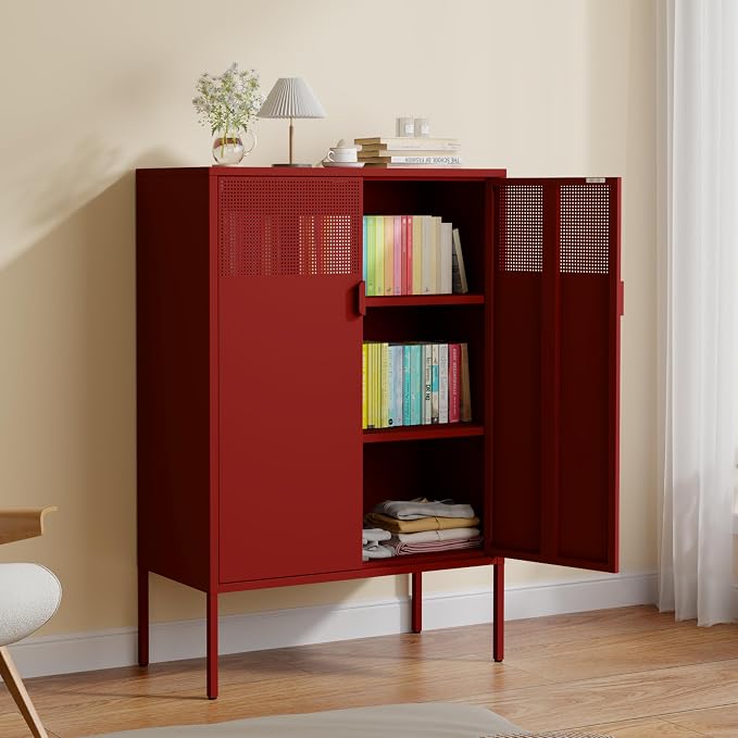 3-Tier Metal Storage Cabinet with 2 Adjustable Shelves & Mesh Doors | 2 Metal Locker Accent Cabinet with Legs, Red Storage Cabinets, Metal TV Stand Cabinet for Home Office, Entryway & Hallway