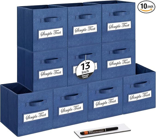 13x13x13 storage cube bins (Set of 10) Fabric storage cubes with 10 Labels Window Cards & a Pen, storage cubes 13x13, Collapsible 13 inch cube storage bins, Cubby Organizer Boxes, Navy Blue