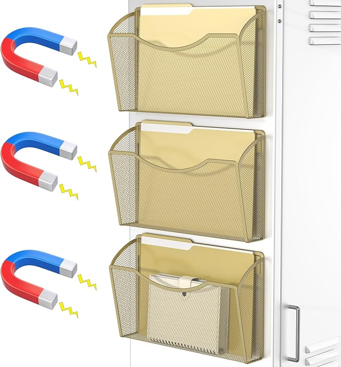 MINDEPOT Magnetic Wall File Organizer, Hanging File Holder, 3 Pack, Gold | Heavy Duty Iron, Powerful Magnet, Metal Mesh Wall Mount, Single Pocket, for Office School Classroom Home, Letter A4 Size