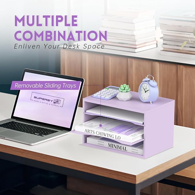 3 Tier Wood Desk Organizer, Paper Organizer for Desk, Purple | Wooden Desktop Organizer for Sorting Papers, Letters and Mails, Literature Organizer for Home Office, Classroom Organization