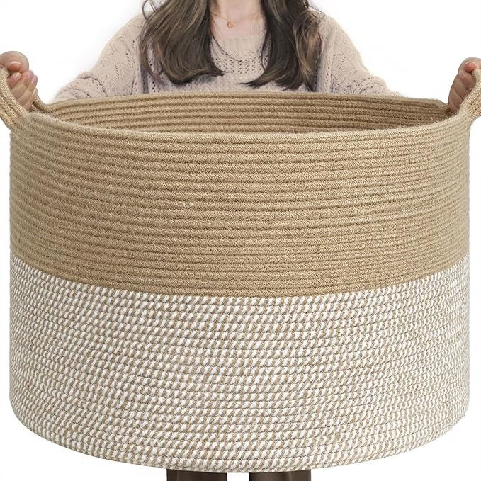 INDRESSME XXXLarge Woven Wicker Blanket Basket Living Room White Jute, 90L | Wicker baskets for organizing shoe, dog toys & pillows. For living room bedroom or nursery decor. soft-touch with handles