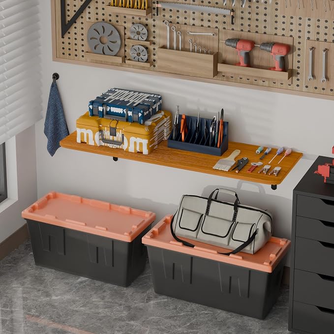 Dogsky 2-Pack Garage Storage Shelving Wall Mounted, 4x2Ft (48x24In) Heavy Duty Wood Floating Wall Shelf, 500lbs Capacity Shelves for Garage, Closets, Utility Rooms and Kitchens, Teak