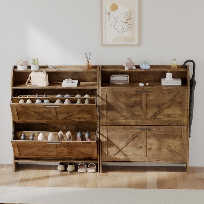 Farmhouse Shoe Cabinet with 2 Flip Drawers, Shoes Storage Cabinet, Freestanding Shoe Rack Organizer for Entryway, Rustic Brown