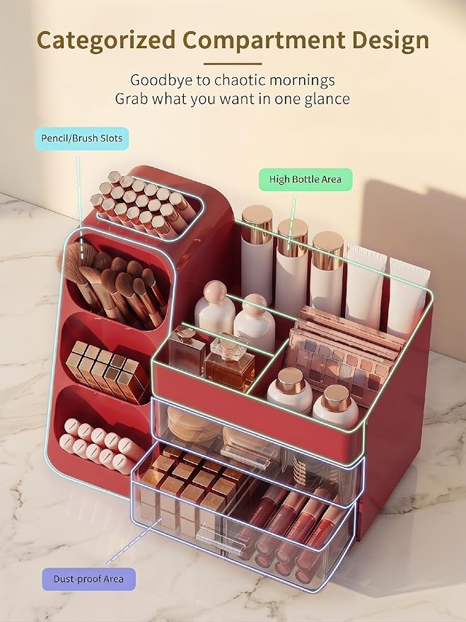 Booklov Large Makeup Organizer for Vanity Countertop, Red | Clear Acrylic Cosmetic Display Case, Beauty Brush Holder for Bathroom Counter, Make Up Skincare Lipsticks Storage