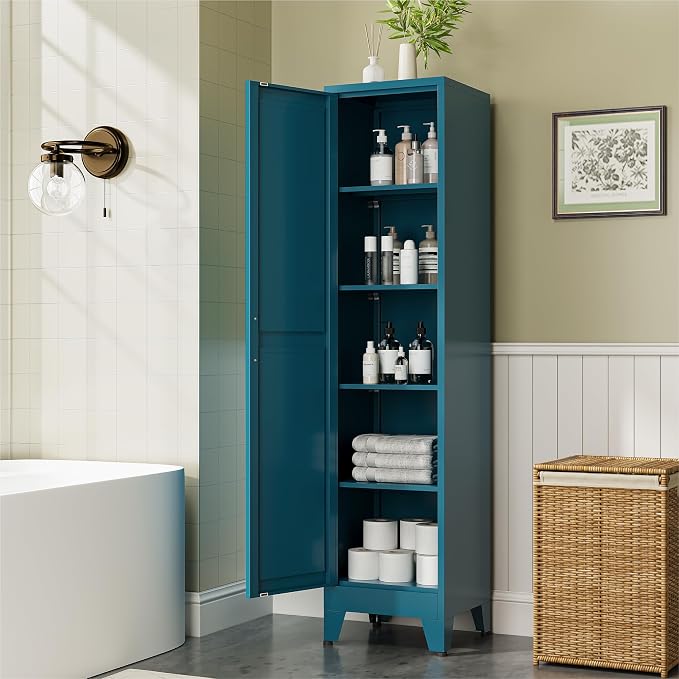 COFaR 67" Metal Narrow Storage Cabinet, Peacock Blue Slim Storage Cabinet with Magnetic Door & 4 Adjustable Shelves, Slim Freestanding Cupboard for Bathroom, Kitchen