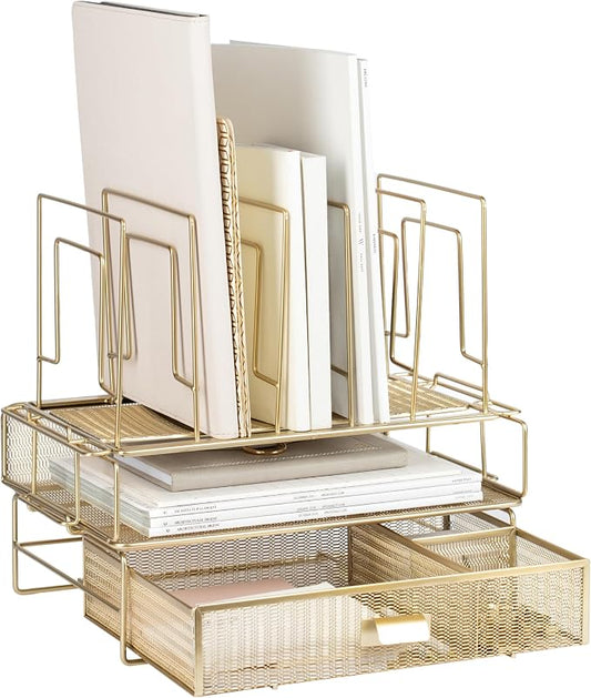BLU MONACO | Gold Desk Organizer Set with Detachable File Organizer, Stackable Paper Tray & Storage Drawer | Stylish Gold Desk Accessories for Women & Office Organization