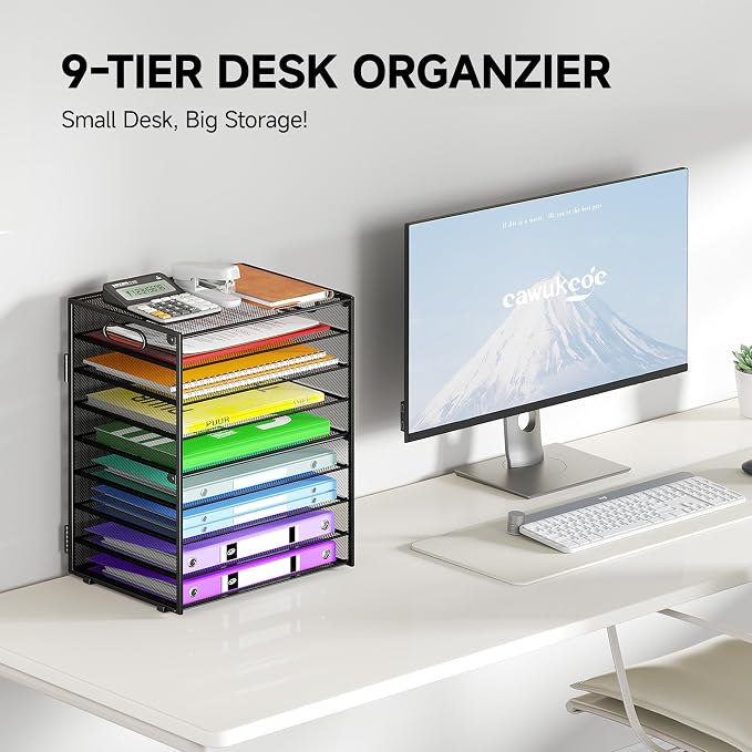 Cawukege 9 Tier Paper Organizer with Handle, Black Large Capacity Desk Organizer Mesh File Folder Letter Paper Tray Desktop Document Sorter for Classroom, School, and Office Accessories Organization