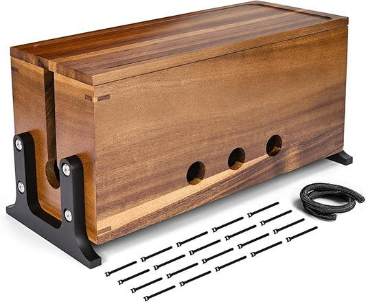 Extra Large Acacia Wood Cable Management Box, Pet Child Safe Cord Hider | Home Decor Cord Organizer, Sturdy Cable Hider Box for Power Strip, TV Wires, Desk & Floor & Office Under Desk Cable