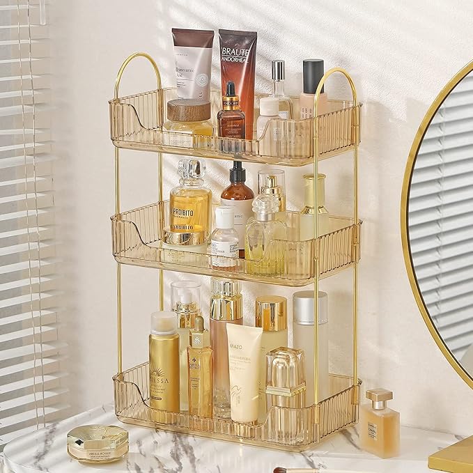 3 Tier Bathroom Counter Organizer Countertop Storage, Cosmetics Skincare Shelf Organizer, Makeup Organizer Perfume for Dresser Vanity Tray, Spice Rack Organizer for Kitchen - Gold