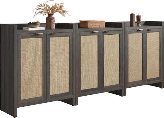 SICOTAS Shoe Storage Cabinet Set of 3, Large Capacity Rattan Shoe Cabinet | 6-Tier 41" Tall Shoe Cabinet for Entryway, Farmhouse Wooden Storage Cabinet for Living Room Hallway, Black Oak