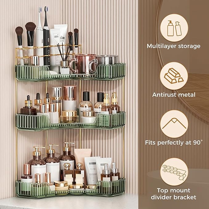 BEFSOP Corner Bathroom Counter Organizer, Upgraded 3-Tier Makeup Organizer Countertop with Makeup Brush Holder, Skincare Exquisite Vanity Organizers Countertop Bathroom Storage Dresser(Green)