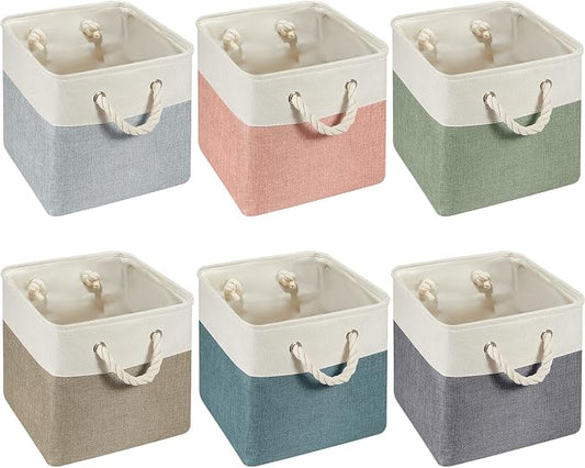 Geiserailie 6 Pcs 13 x 13 Inch Cube Storage Bins Fabric Storage Organizer Bins Foldable Cube Baskets with Sturdy Carry Handles Wicker Baskets for Home (Morandi Colors)