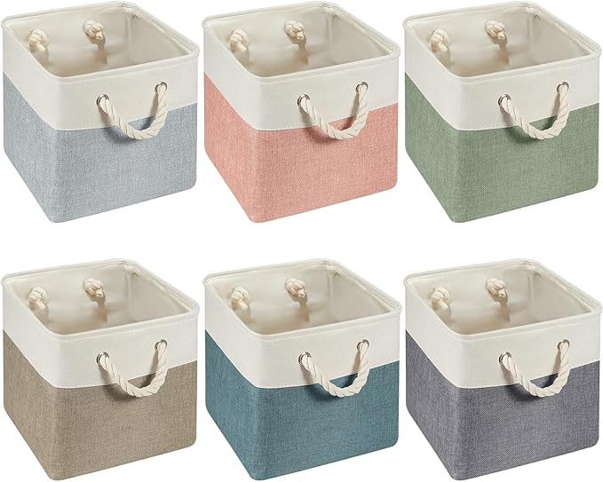 Geiserailie 6 Pcs 11 x 11 Inch Cube Storage Bins Fabric Storage Organizer Bins Foldable Cube Baskets with Sturdy Carry Handles Wicker Baskets for Home (Morandi Colors)