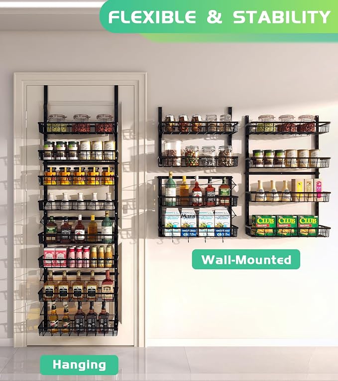 Mefirt Over The Door Pantry Organizer, Wall Mount Spice Rack 8-Tier Black | Pantry Hanging Storage and Organization, Adjustable Baskets Heavy-Duty Metal for Home & Kitchen, Back of Door Seasoning Rack