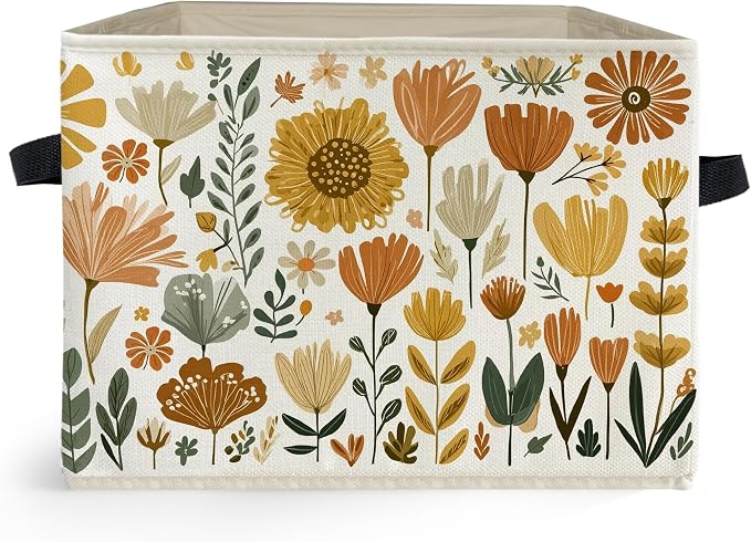 Boho Floral Storage Box Bins, Cottagecore Country Wildflower Botanical Collapsible Storage Basket Organizer for Bedroom Laundry Room Home Clothes Books, Decor for Room