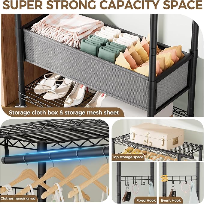 Heavy Duty Clothes Rack Rolling Garment Rack,3 Tier Adjustable Wire Shelving Clothing Racks for Hanging Clothes with Double Rods&Side Hooks,Freestanding Wardrobe Storage Rack Metal Portable Closet