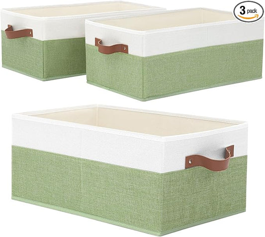 3 Pack Large Capacity Storage Bins Closet Organizer for Shelves | Fabric Closet Storage Baskets Boxes with Leather Handles for Organizing Clothes, Sheets, Jeans, Toys, Books (Green)