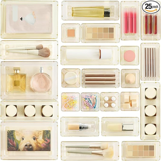 Vtopmart 25 Pack Plastic Drawer Organizers with Non-slip Rubber Pads | 4-Size Versatile Makeup Organizer, Storage Containers Small Bins for Makeup, Jewelries, Bedroom, Kitchen Utensils and Office
