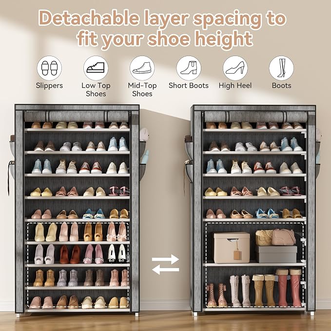 LANTEFUL Shoe Rack with Covers 10 Tier Tall Shoe Rack Organizer Large Capacity Shoe Shelf Storage 40 Pairs Space Saving Free Standing Shoe Storage Organizer for Closet, Entryway, Dorm, Printing