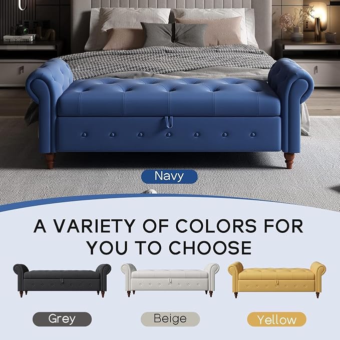 NIOIIKIT 63'' Storage Ottoman Bench, Tufted Entryway Bench Blue Polyester | Button Tufted End of Bed, Large Storage Space, Rolled Armed Ottoman Couch Long Bench for Bedroom, Living Room, Hallway