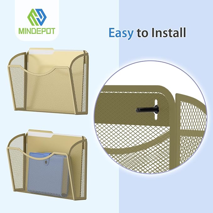 MINDEPOT Wall File Organizer, Hanging Wall File Holder, 3 Pack, Gold | Heavy Duty Iron, Metal Mesh Wall Mount, Single Pocket, Mail Organizer, for Office School Classroom Home, Letter A4 Size