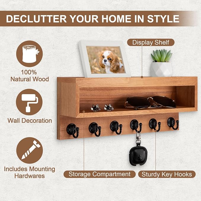 Key and Mail Holder Wall Mount, Key Hanger with Long Storage Box and 6 Hooks for Coat, Dog Leash, Home Decor Rack, House Accessories, Entry Way Organizer