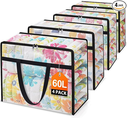 4 Packs 60L Clear Under Bed Storage Containers, Large Clothes Storage Bags | Heavy Duty Large Capacity Foldable Moving Bags with Sturdy Handles, Clothing Organizer Totes for Bedding Comforter Sheet