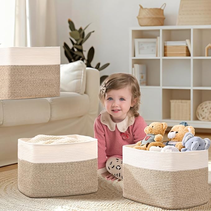 3 Pack Cube Storage Bin, 17”x12”x12” Cotton Rope Woven Baskets for Organizing Toys Clothes Towels, Square Gift Storage Baskets for Shelves, Nursery, Closet, Bathroom, Pantry (White & Jute)