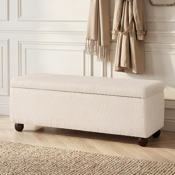 Boucle Storage Ottoman Bench, with Hidden Storage and Solid Wood Legs | Modern End of Bed Bench, Rectangle Footrest, Hidden Storage, Solid Wood Legs, Bedroom, Living Room and Entryway Use, Beige