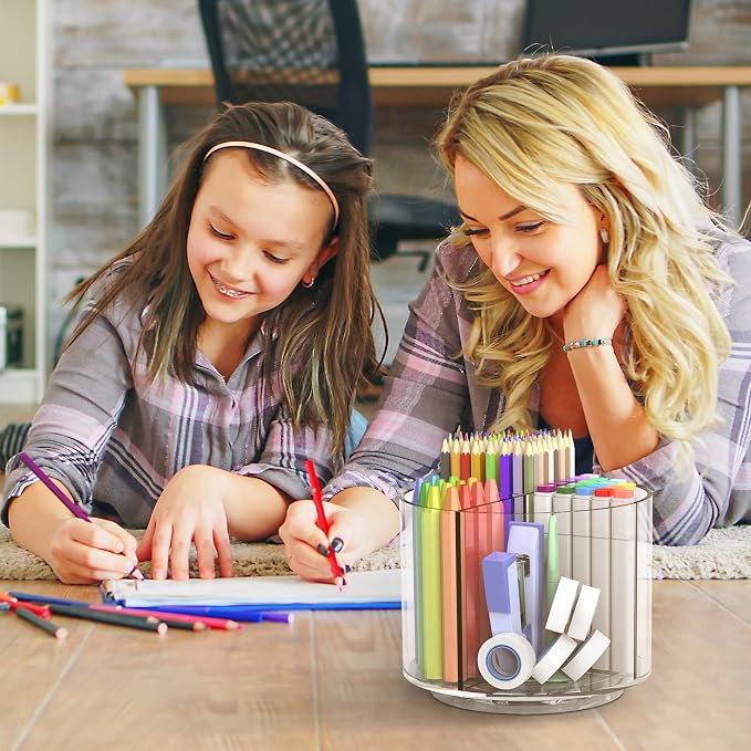 Pencil Holder for Kids, 360 Rotating Pen Holder for Desk Organizer and Storage, 4 Compartments Art Supply Marker Organizer, Pen Organizer Pencil Holder