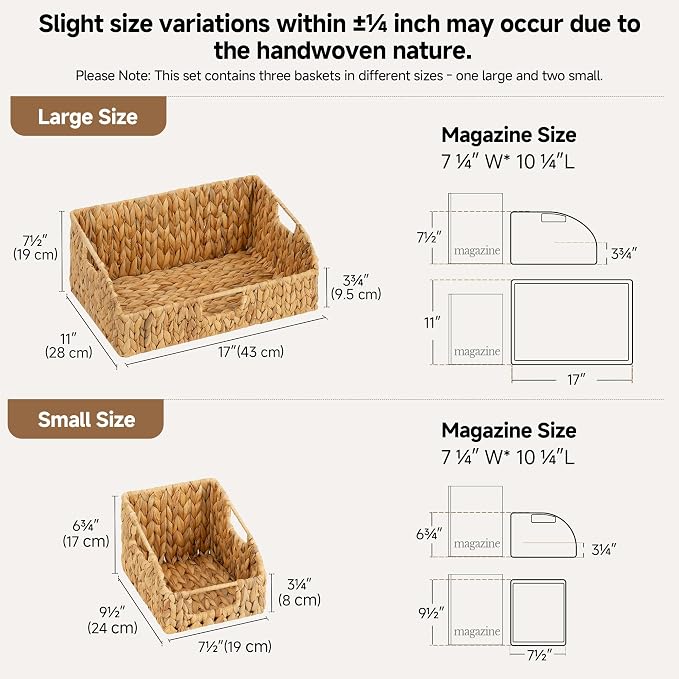 StorageWorks Water Hyacinth Basket Organizer,Pantry Storage Baskets,3-Pack | Wicker Baskets with Handles,Handwoven Shelf Baskets for Organizing,Handwoven Pantry Organizers and Storage,Pantry Baskets
