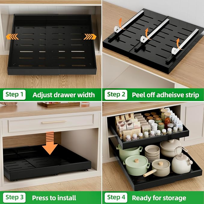 PAKETA 2 Pack Expandable Pull Out Cabinet Organizer,21" Deep | Pull Out Drawers for Cabinets with width from 12" to 20",Sliding Drawers for Cabinets with Upgrade 3 Slide Rails,hold 65 lbs