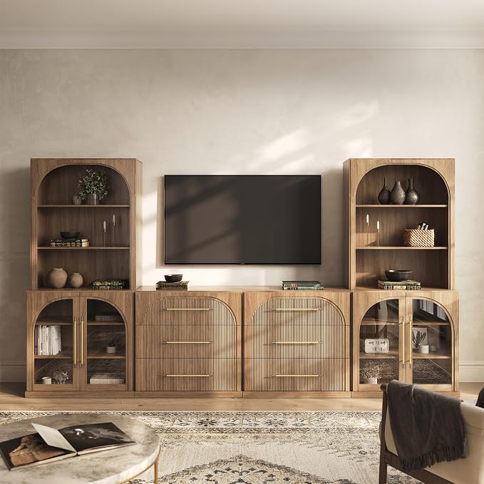 BELLEZE 6-Piece Modular TV Stand Set - 2 Arched Glass Door Sideboards, 2 Sideboards with Drawer, 2 Hutch Cabinets, Classic Modern Media Console Entertainment Center for Living Room (Camel)