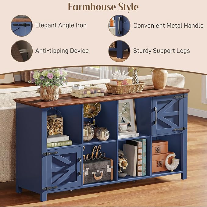 Vabches Wooden Toy Storage Organizer for Kids, Farmhouse Book & Toy Organizer with 6 Open Shelving & 2 Doors, 8-Cube Toy Shelf for Kids’ Room, Playroom & Classroom, Blue and Brown
