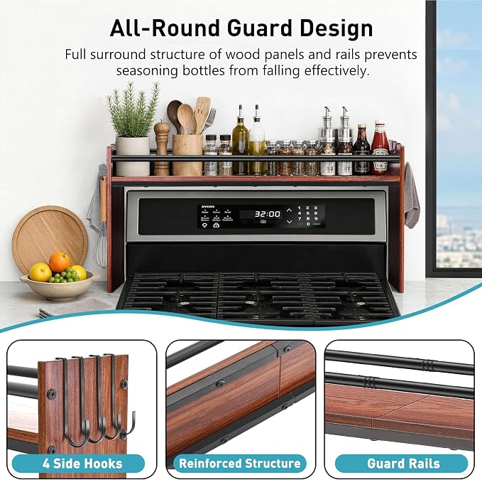Spice Rack Shelf for Kitchen Stove, Over The Stove Shelf with 4 Hooks, Premium Wood & Metal Commbined Spice Rack Organizer Extra Storage Countertop (Walnut)