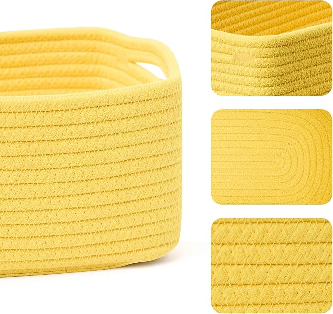 MiniArk Small Storage Baskets for Organizing | Closet Organizer Bins | Shelf Toy Basket | Woven Rope Baskets | Cube Decorative Box | Shallow Basket | 13x8.5x5.1” | 3 Packs Yellow