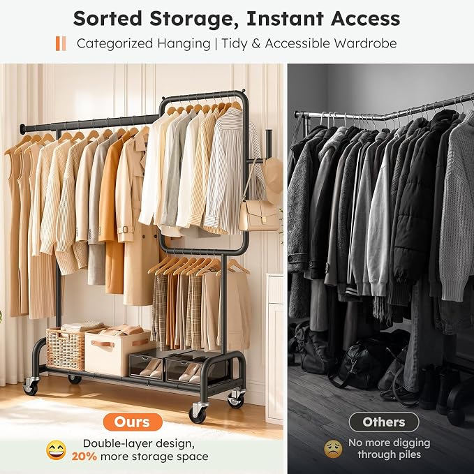 SOLEDI Heavy Duty Partitioned Clothes Rack, 600 LBS Load Metal Garment Rack with Shelves & Lockable Wheels, Rolling Hanging Rack for Bedroom, Laundry Room, Store & Garage (Black)