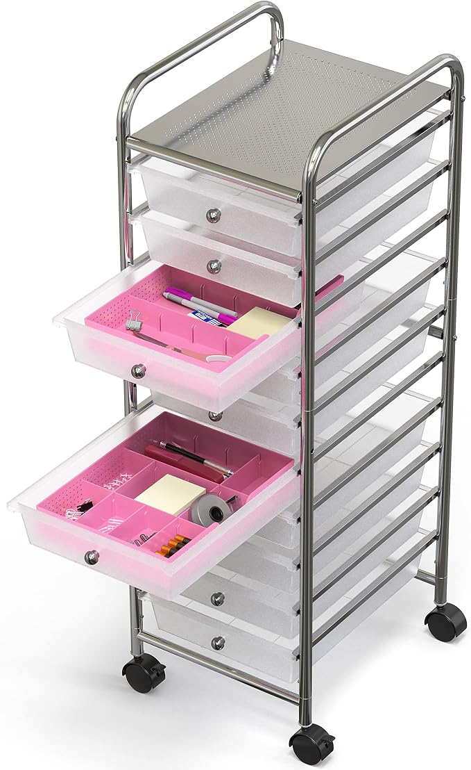 Simple Houseware Drawer Organizer Tray, 9 Adjustable Compartments, Pink | For Office, Makeup, and Craft Drawer or Desktop Storage
