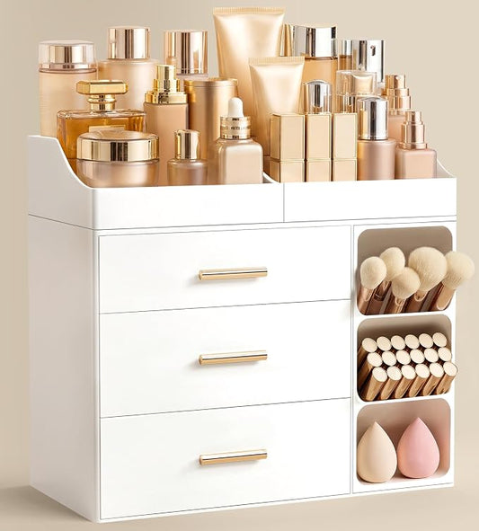 HBlife Makeup Organizer Countertop with Brush Holder,Large Bathroom Counter Organizer with Drawers,Skincare Organizers for Vanity,Plastic Dresser Organizer Storage Gift for Women Girl Mom,All White