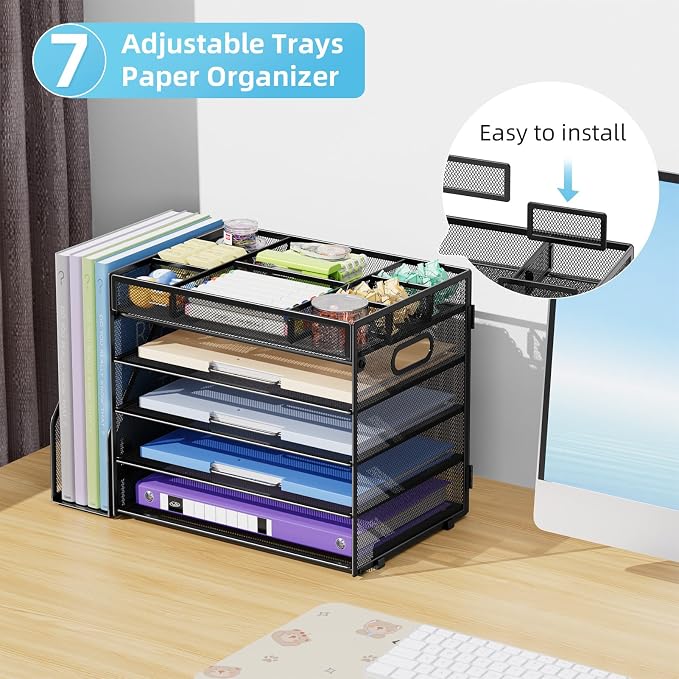 Marbrasse 5-Tier Desk Organizer with File Holder,Paper Letter Tray, Black | Desktop File Organizer with Adjustable Compartments,Mesh Desk Organizers and Accessories for Office Supplies