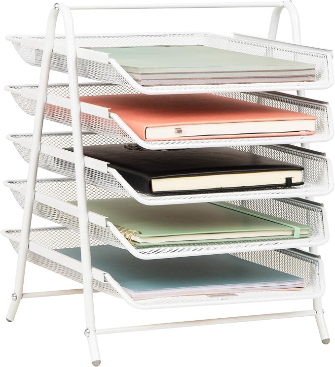 Mind Reader 5-Tier Paper Tray Organizer, White | Vertical Desktop File Storage Rack, Office, Metal Mesh