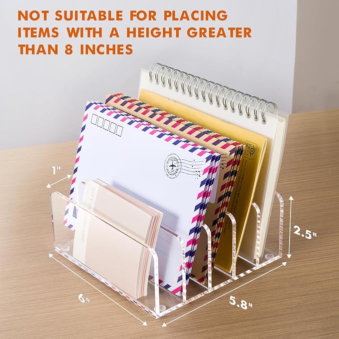 BEYGORM Acrylic Mail Holder, 5 Compartments Multifunction Desk Organizer | Clear Vertical Letter Sorter with Dividers, Modern Office & Home Storage for Bills, Documents & Folders