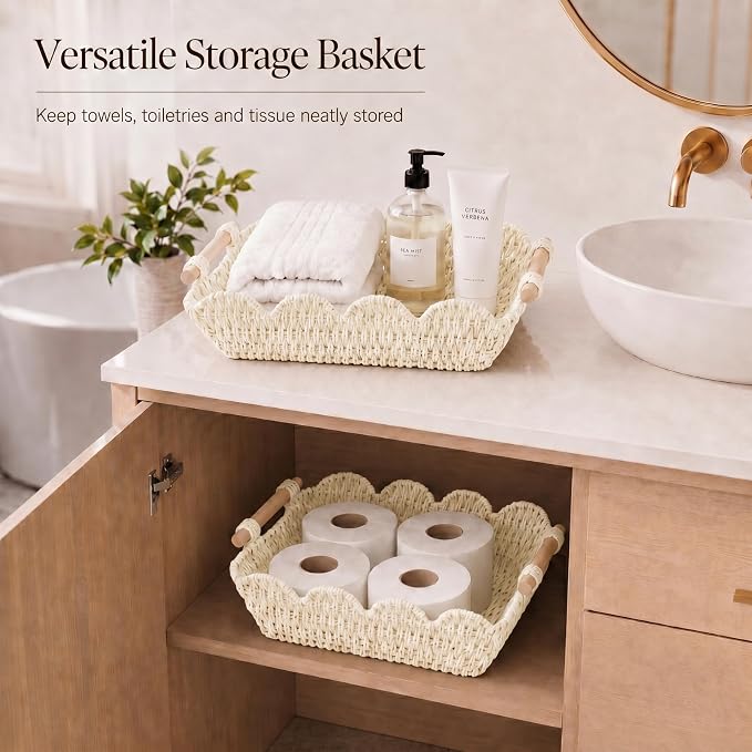 Coeusy Scalloped Basket, Paper Rope Basket for Gifts with Handles, Cute Storage Basket for Display,Decorative,Shelves,Snack,2 Pack, White