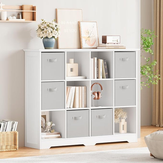 12 Cube Storage Organizer Shelf, Wood Cubby Storage with 6 Fabric Drawers | 3 Tier Wooden Bookshelf with 2 Adjustable Shelves, Fluted Side Panels Bookcase for Records, Books, Ornaments