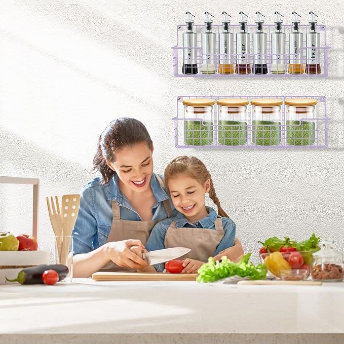 Spice Rack Wall Mount, Spice Organizer for Cabinet & Pantry Door, Set of 4 Hanging Spice Rack Saving Space for Kitchen, Purple